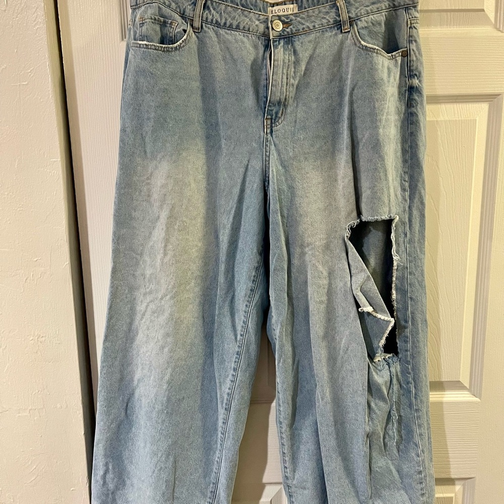 Eloquii Light Blue Boyfriend Jeans with Distressed Detail